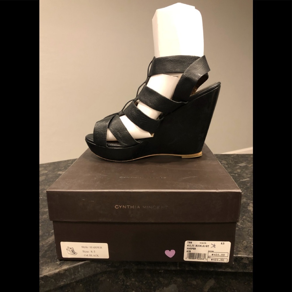 Cynthia Vincent Black Leather Gladiator Wedge
